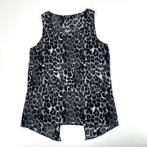 Express Snow Leopard Black Grey Tank Top Split Back XS Sheer Blouse Scoop Neck - Picture 2 of 11